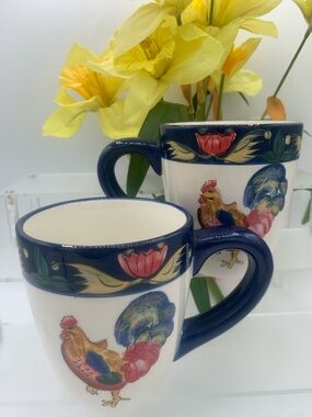 Set/2 Regal Rooster 222 Fifth Coffee Mugs Blue Trim 2007 Discontinued 14oz